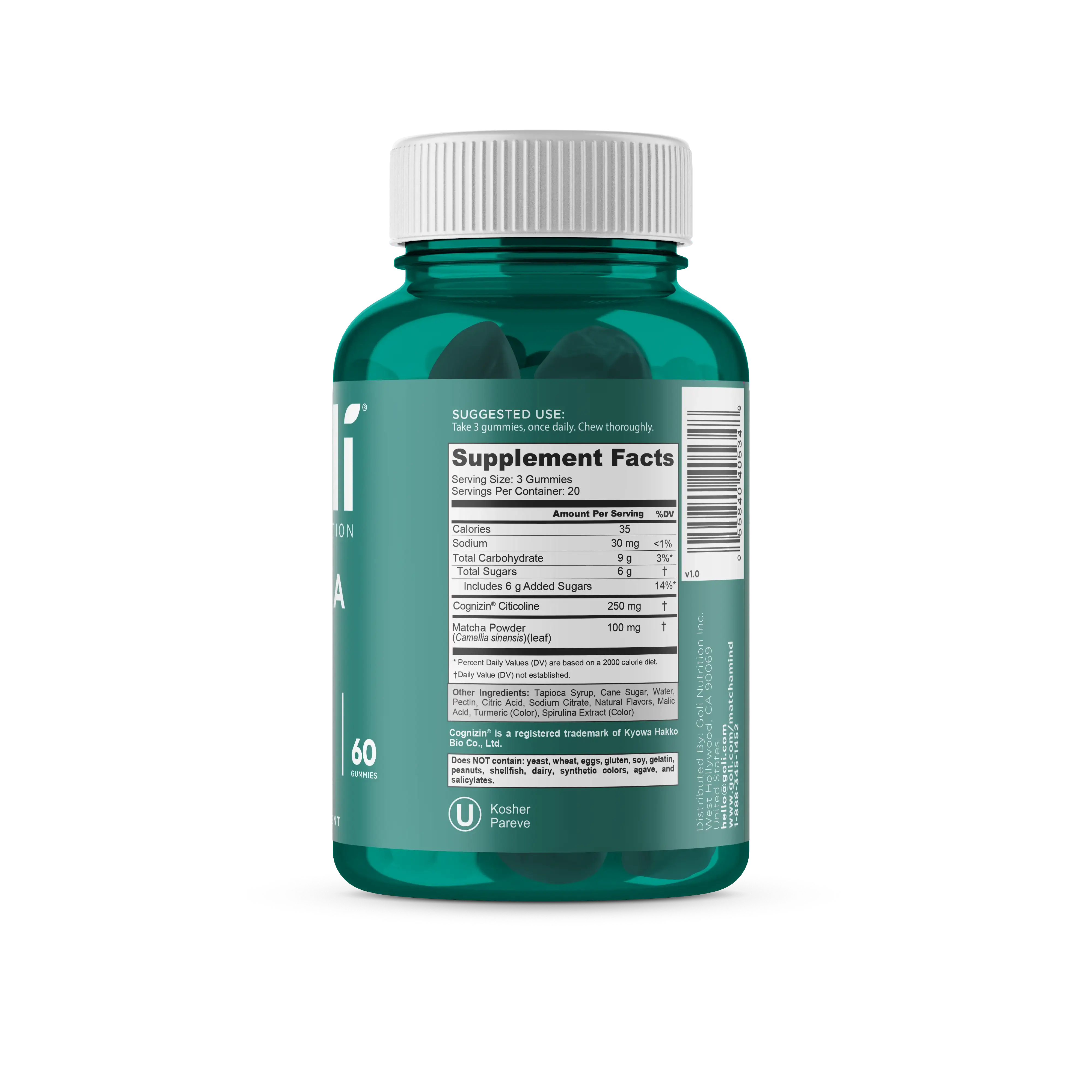 MP 1 Bottle of Goli Matcha Mind Gummies - 60 Count - Green Tea Leaves Powder with Cognizin for Focus, Attention and Brain Health, Vegan, Non-GMO, Gluten-Free & Gelatin Free.