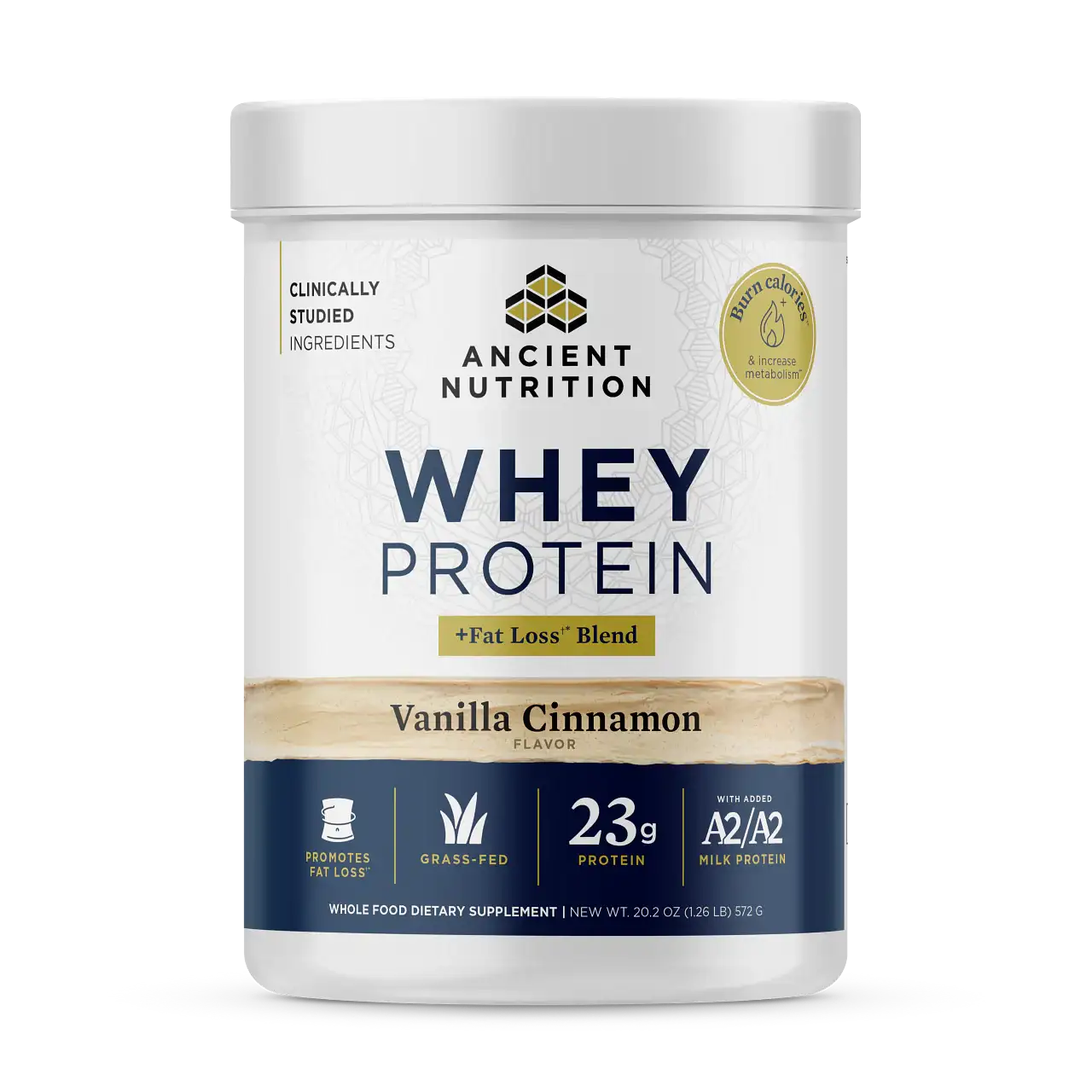 Ancient Nutrition Whey Protein + Fat Loss Blend - Vanilla Cinnamon 23g A2 Grass-Fed with  BCAAs Supports Fat Loss Muscle Gain HSA FSA Eligible 20 Servings