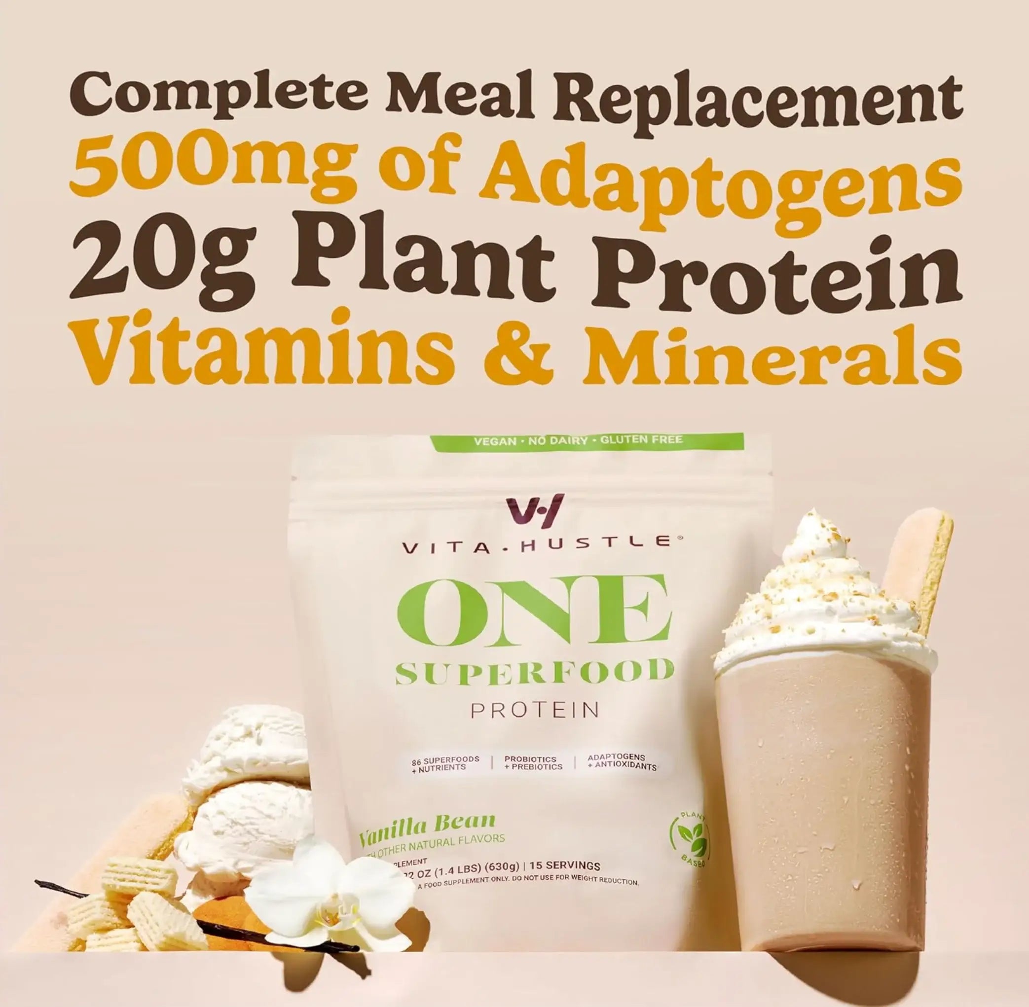 VitaHustle Superfood Protein Vanilla Powder 15 Servings -  Plant-Based Blend with 30 Nutrients Prebiotics Adaptogens HSA FSA Eligible