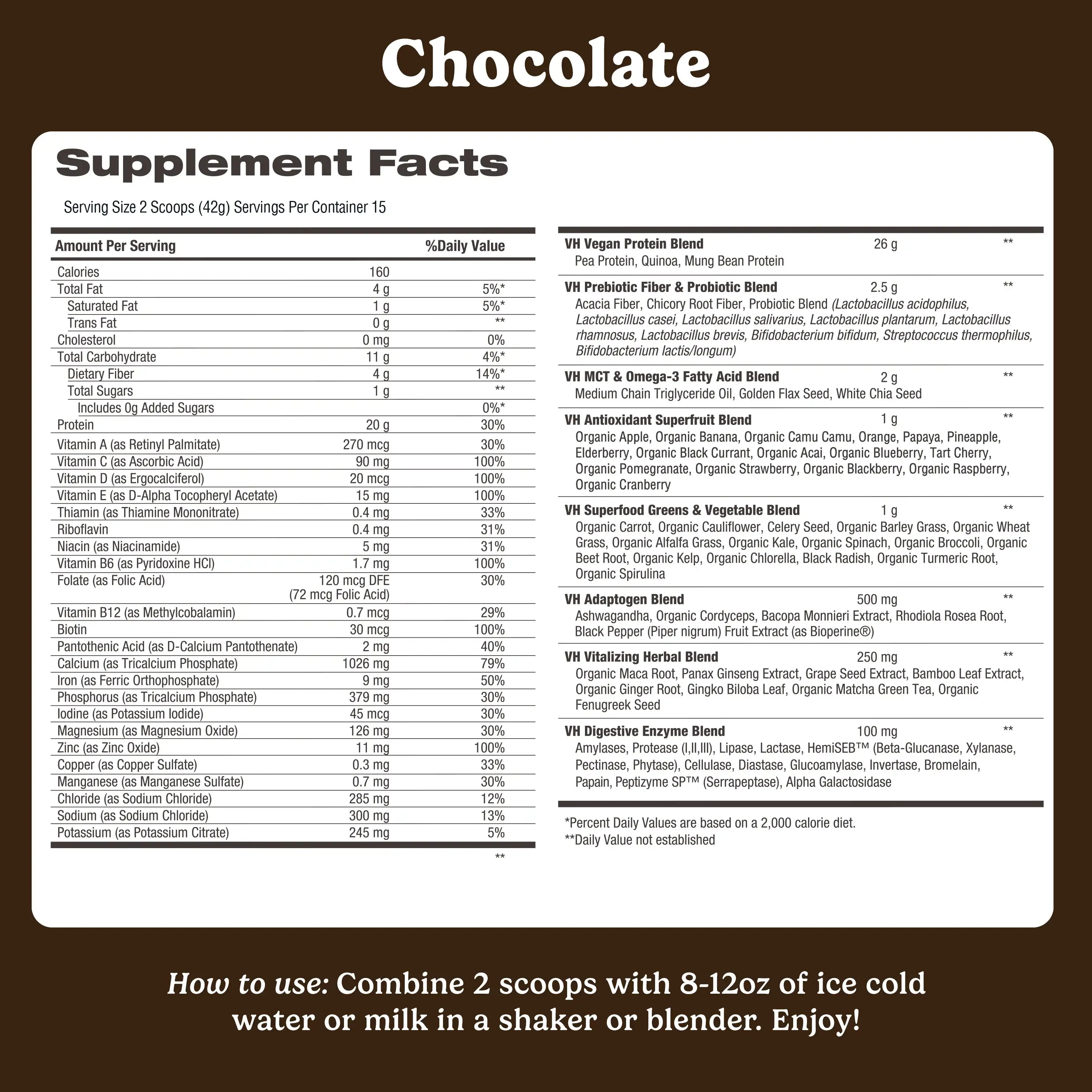 VitaHustle ONE Plant‑Based Protein Powder - Chocolate - Blend of 86 Ingredients with Vitamins & Probiotics