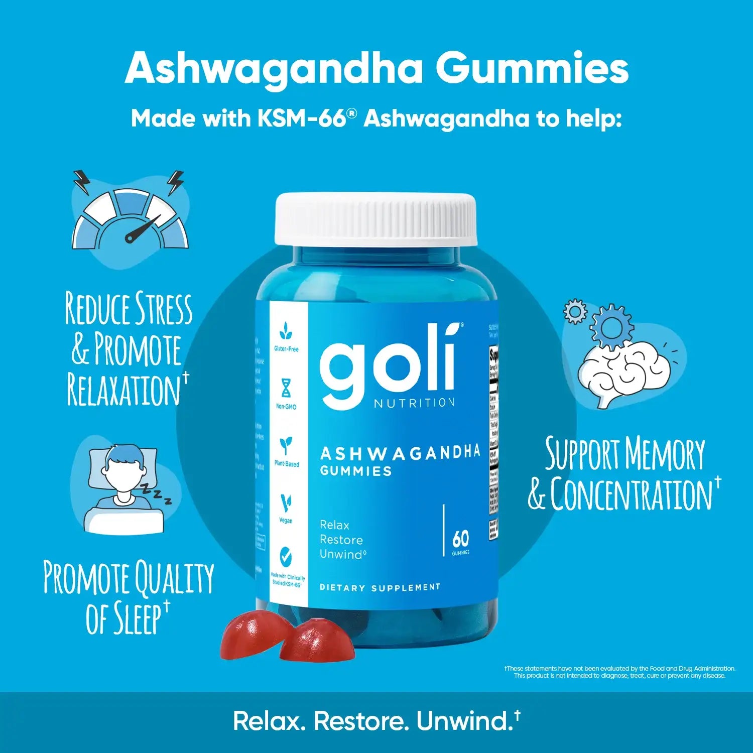 MP 1 Bottle of Goli Ashwagandha & Vitamin D Gummy 60 Count - Relax. Restore. Unwind. (Mixed Berry, KSM-66, Vegan, Plant Based, Non-GMO, Gluten-Free & Gelatin Free)