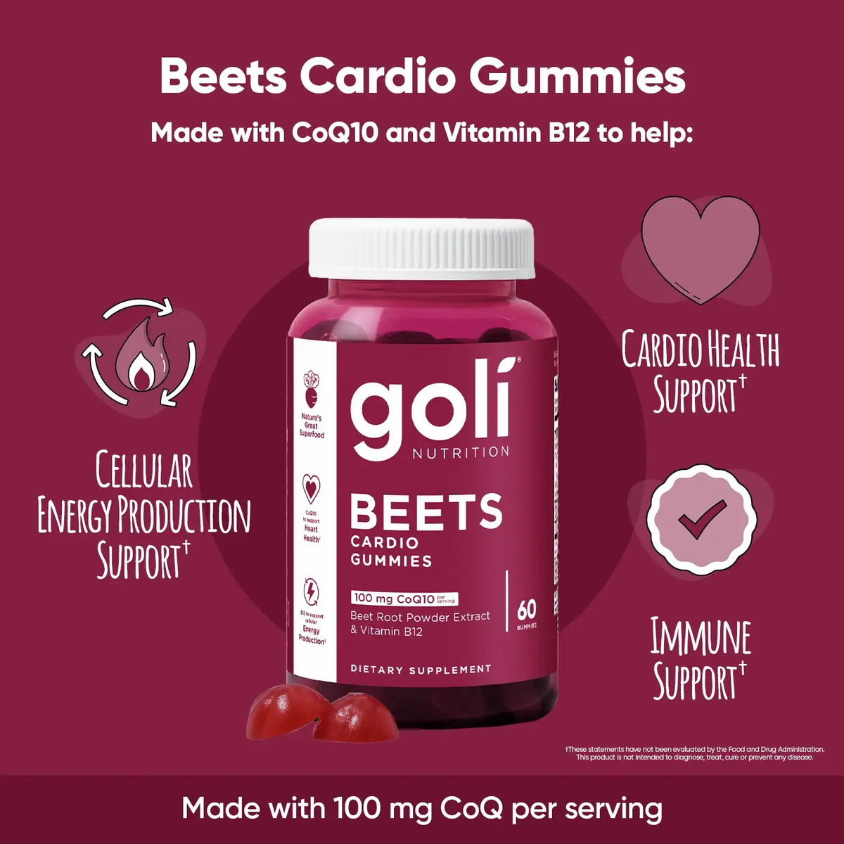 MP 1 Bottle of Goli Beets Cardio Gummies - 100mg CoQ10 + Vitamin B12 - Heart, Energy & Stress Support - Vegan, Gluten-Free, Non-GMO - HSA/FSA Eligible