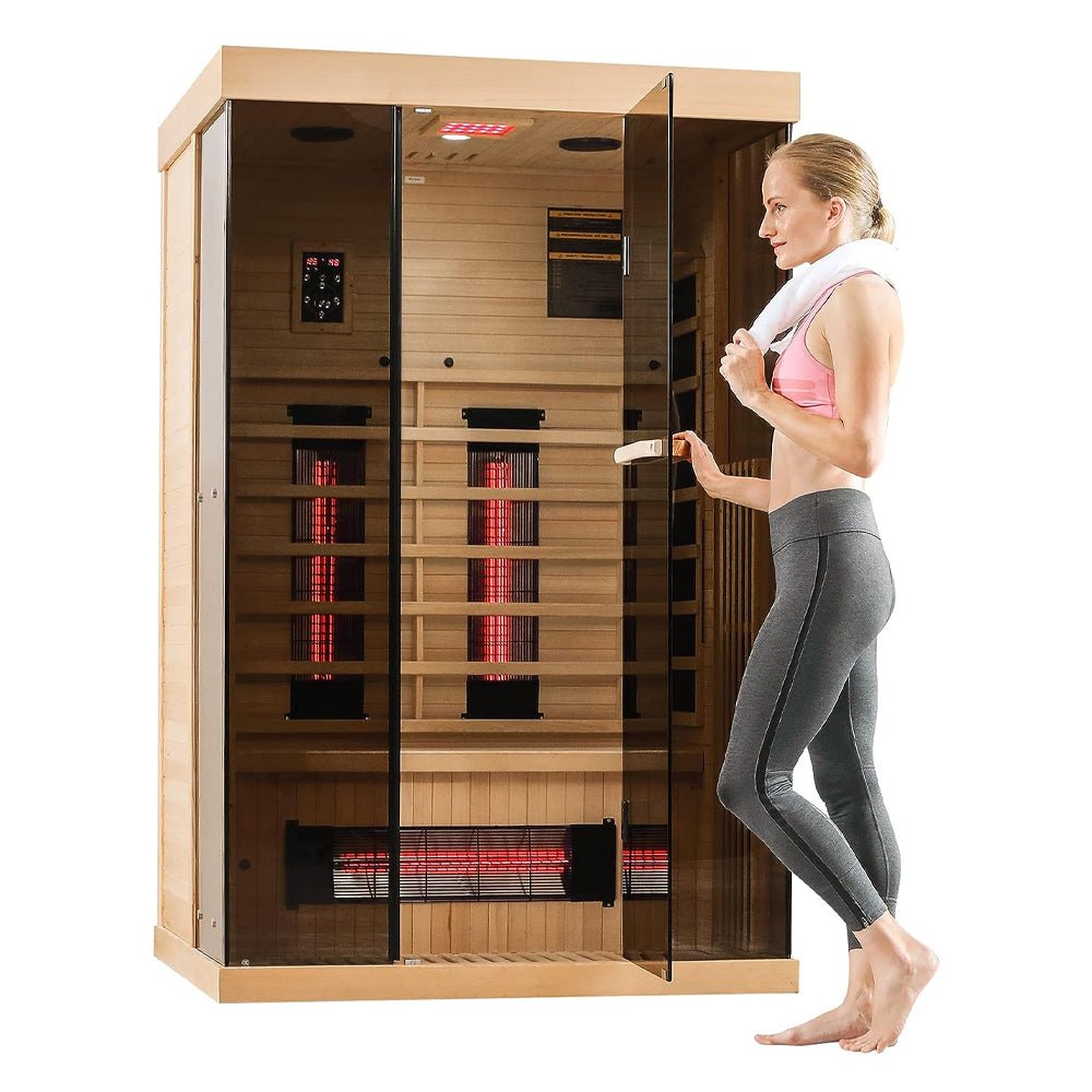 Luxury 2-Person Low EMF FAR Infrared Heat Wood Home Personal Spa Sauna W/ Panoramic Tempered Glass, 2000W (SAK27481)