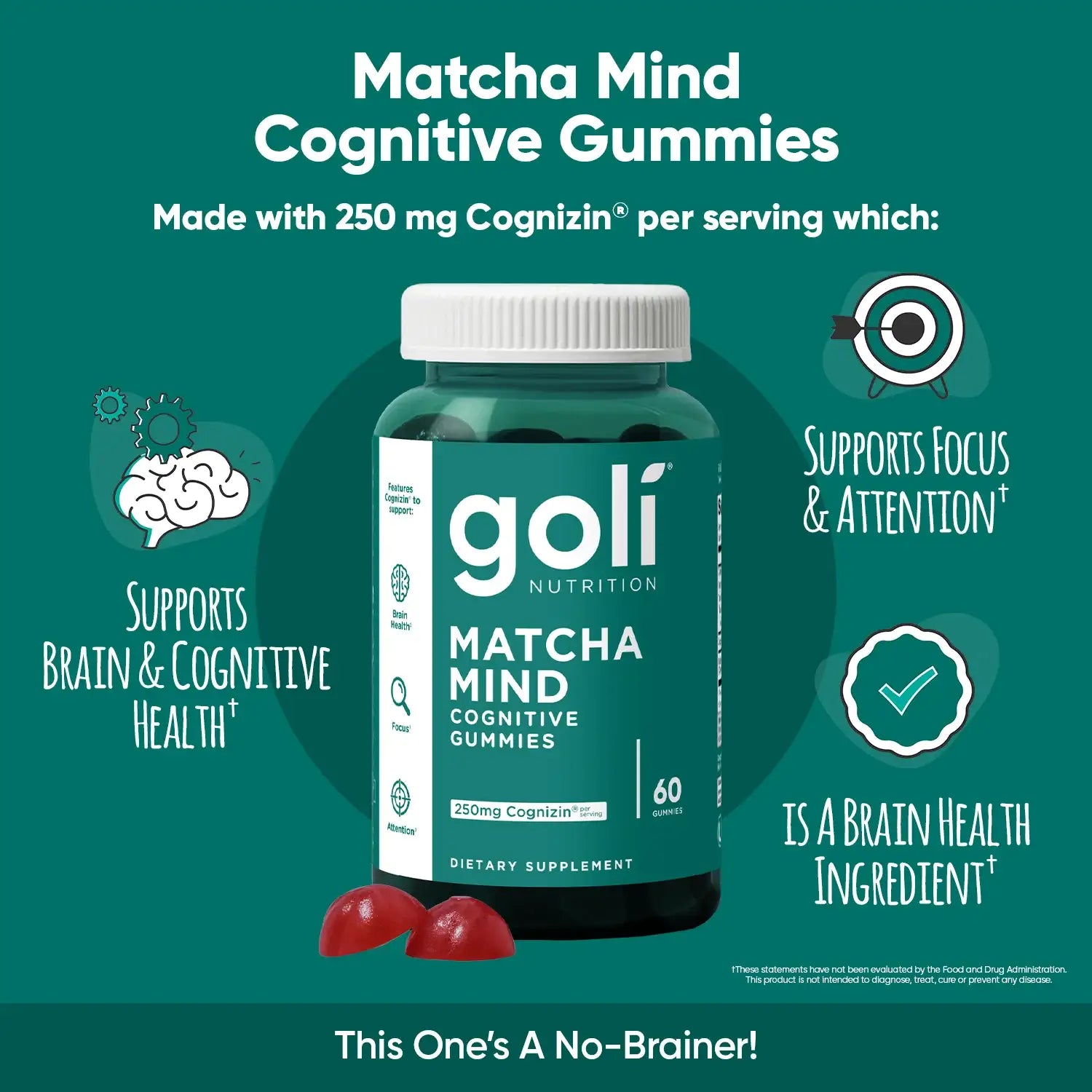 MP 1 Bottle of Goli Matcha Mind Gummies - 60 Count - Green Tea Leaves Powder with Cognizin for Focus, Attention and Brain Health, Vegan, Non-GMO, Gluten-Free & Gelatin Free.
